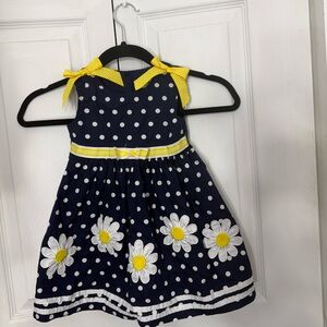 Blueberi Boulevard Navy Dress with White Polka Dots and Yellow Floral Accents